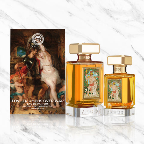 Love Triumphs Over War Perfume Box Artwork and Bottles