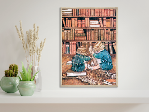 Children reading books art print