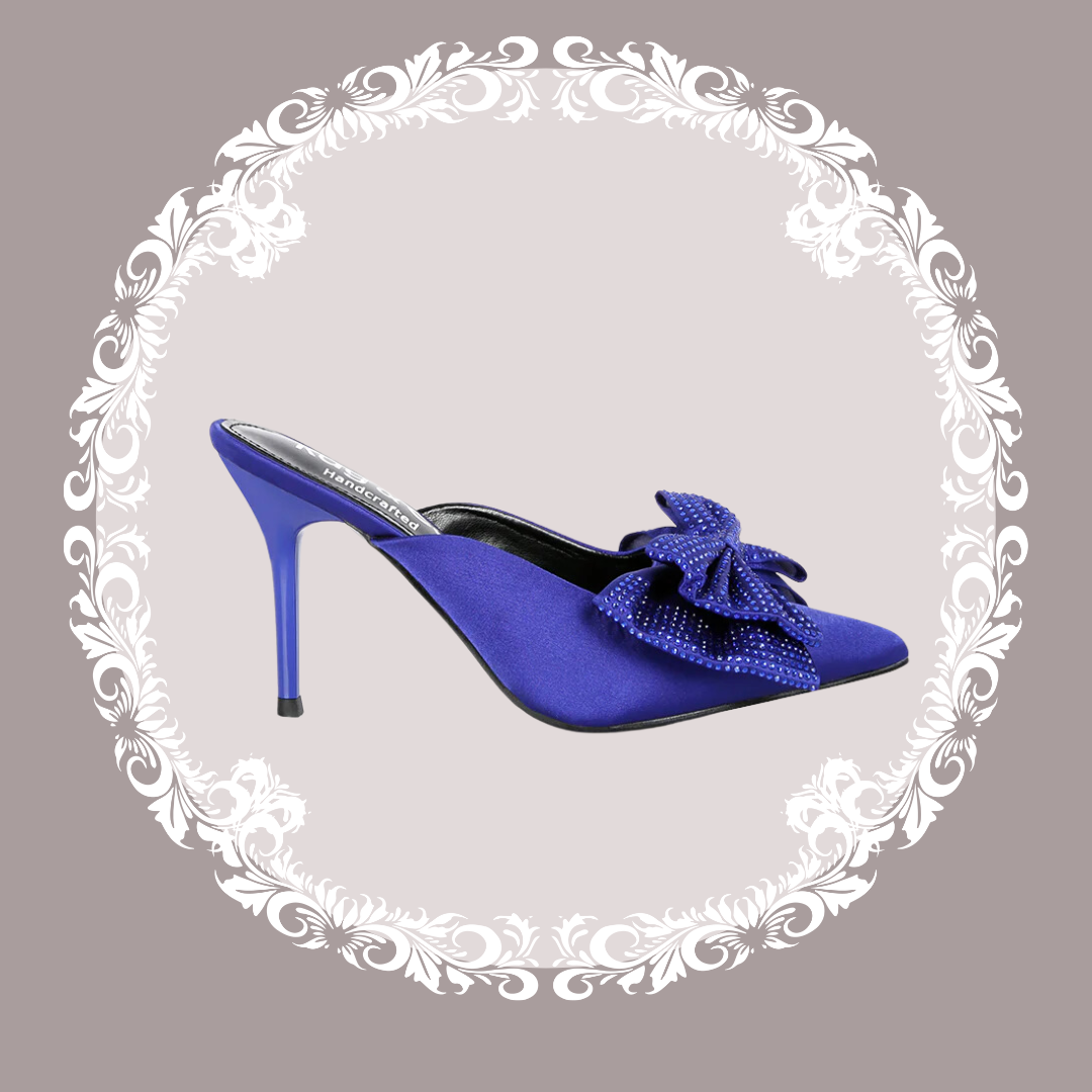 Elisda Blue Diamante Bow Heeled Mules