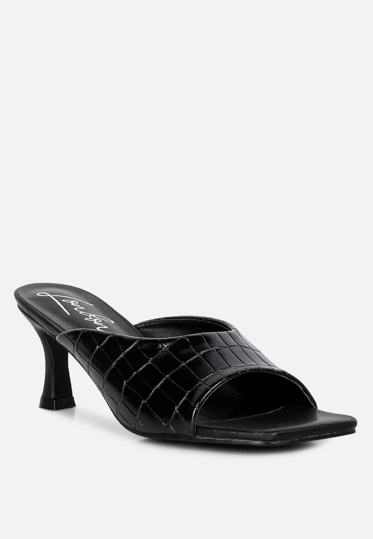 黑色鱷魚小貓鞋跟滑塊涼鞋