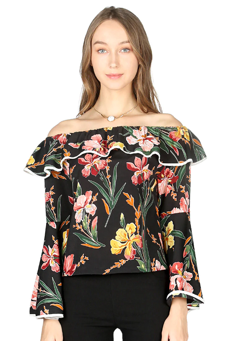 Black Floral Print Off Shoulder Top