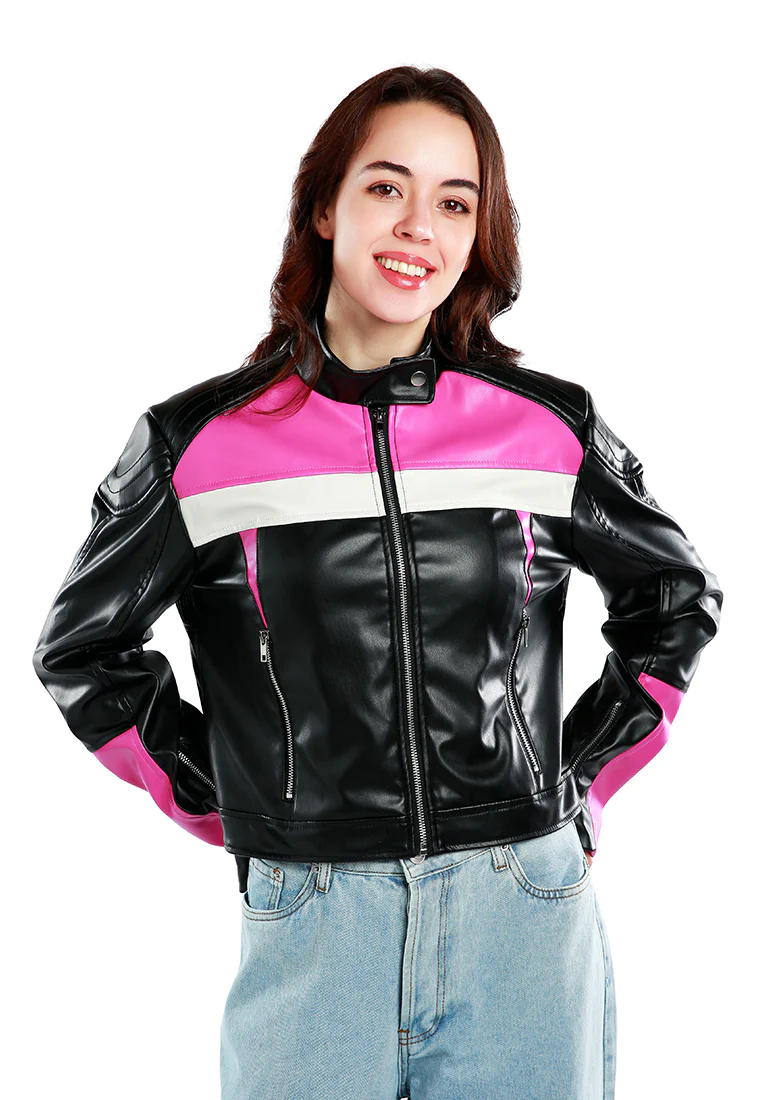 Chaqueta de motociclista de cuero sintética de bloque de color