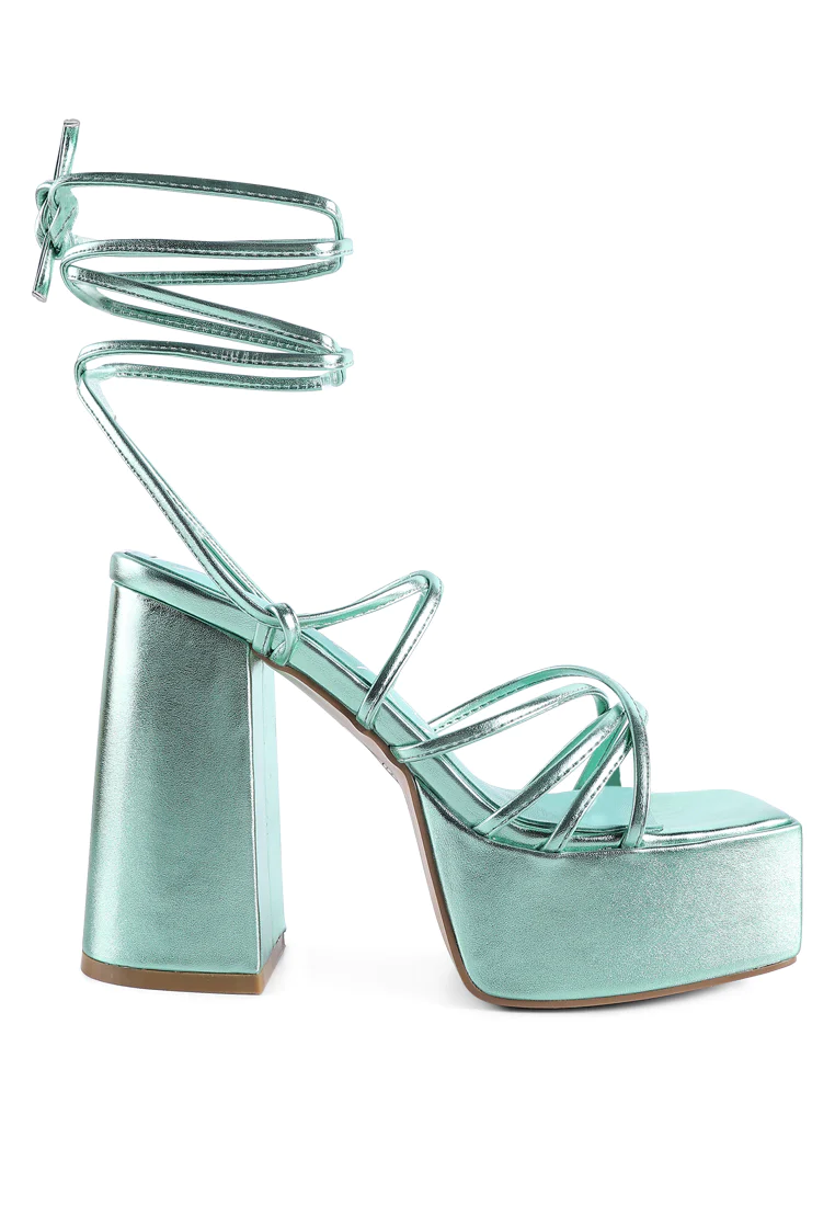 Croma Metallic Block Heeled Lace Up Sandals