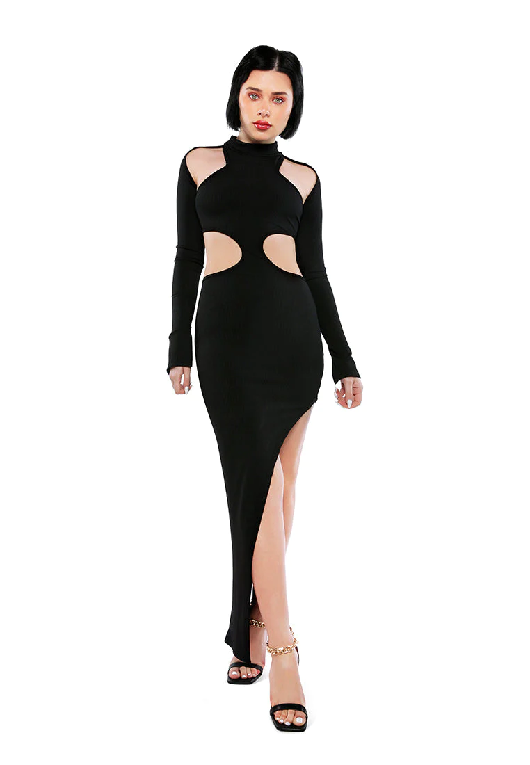 Potong gaun maxi bodycon hitam