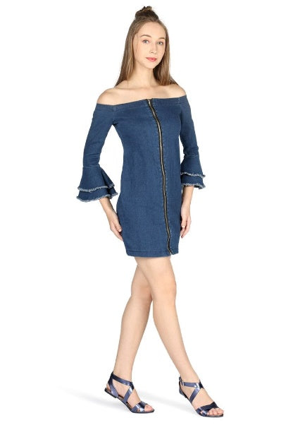 DENIM FRONT ZIP OFF SHOULDER SHORT DRESS