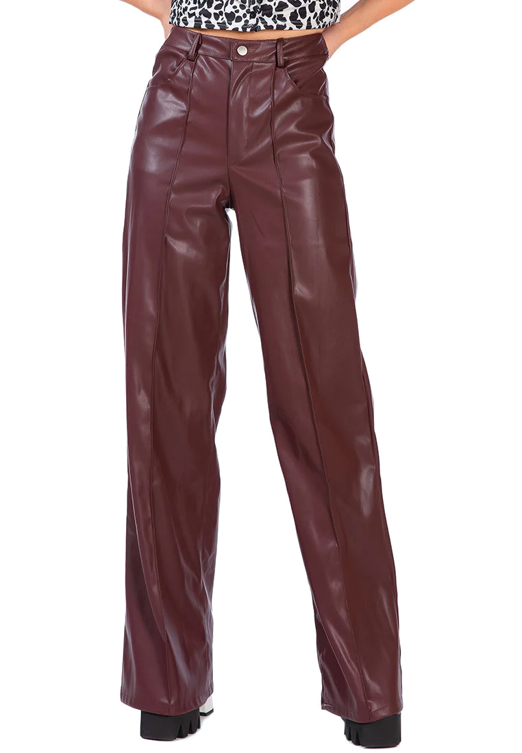 Faux Leather Seam Detail Wide Leg Trousers