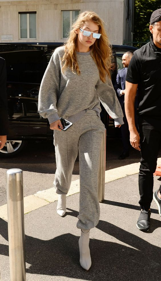 Gigi Hadid Sweatpants Heels Outfit