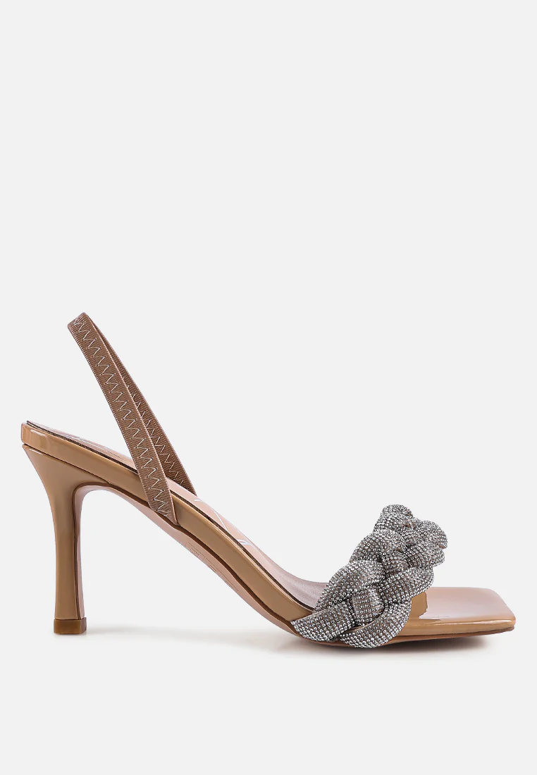 High Social Diamante Braided Strap Sandals