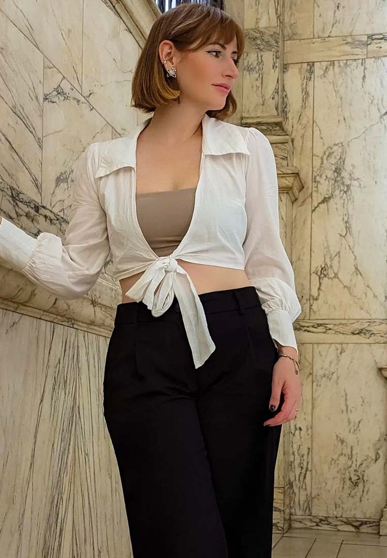 Collared Puff Tie-Up Crop Top