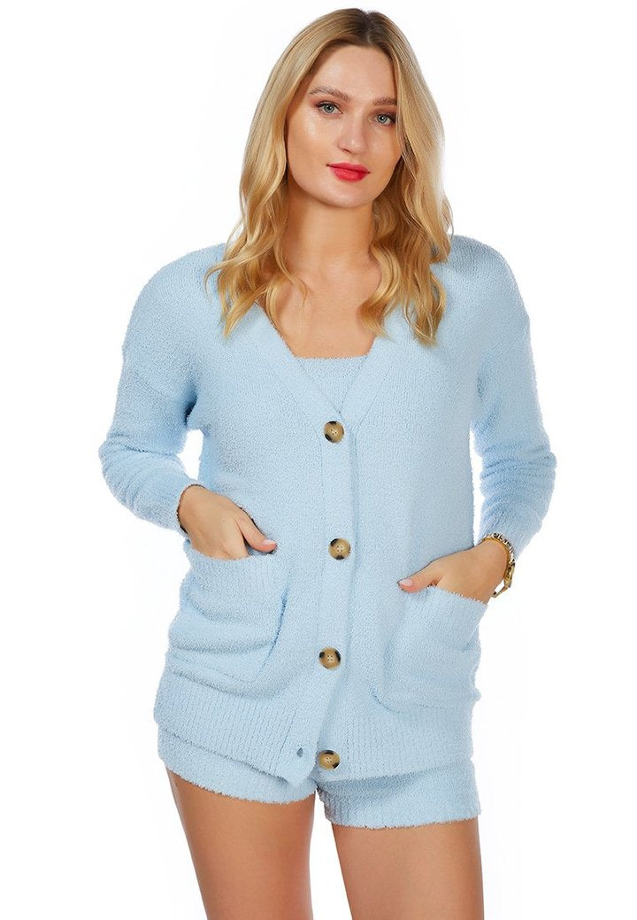 KNITTED FULL SLEEVE CARDIGAN IN BLUE