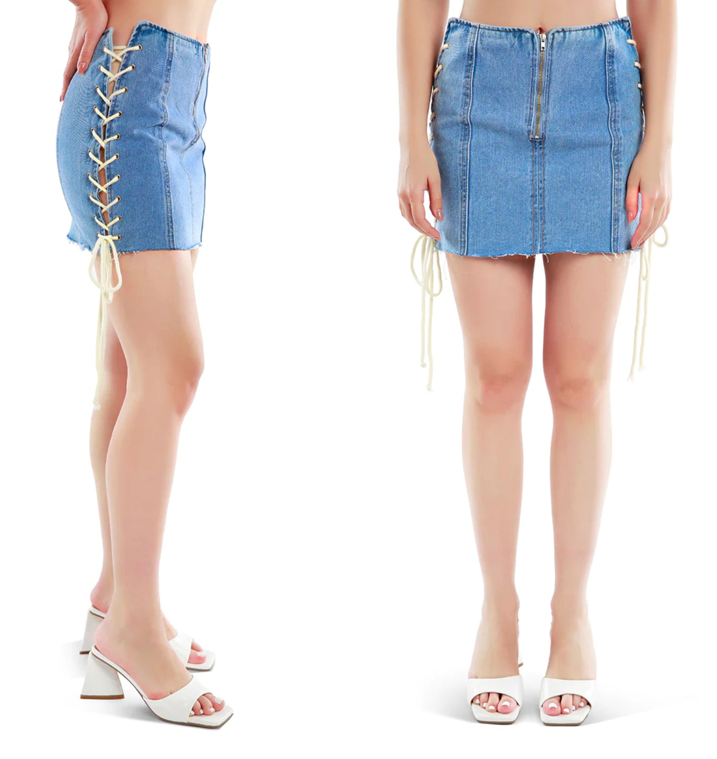 Lace Up Seam Denim Mini Skirt