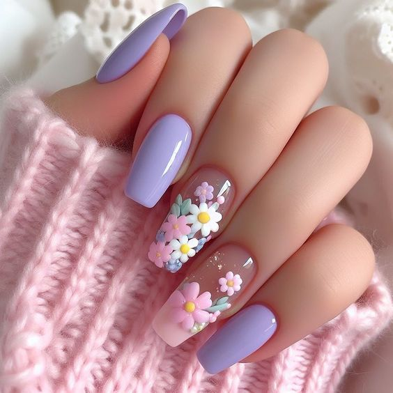 Peach, Mint, and Lavender Nail Colors with Floral Nail Designs