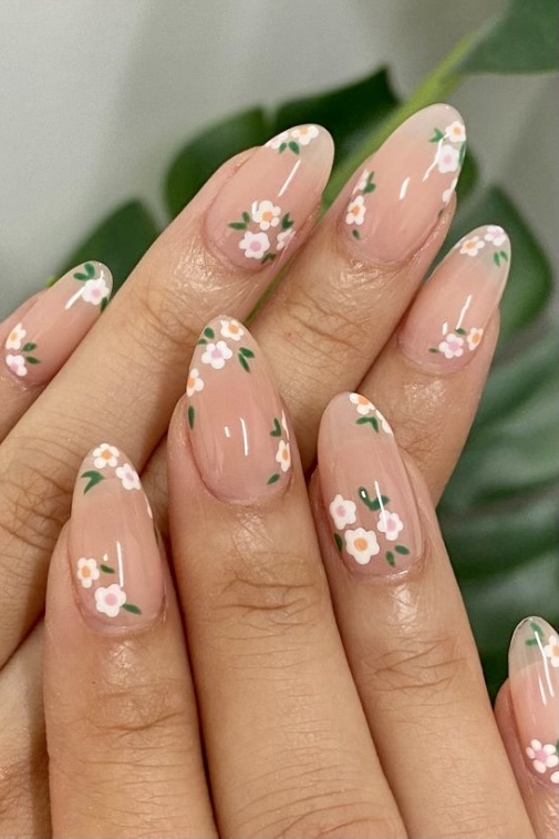 Floral Nail Designs on Nude Base