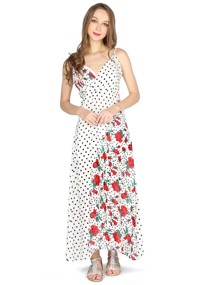 SPAGHETTI MAXI DRESS WITH BLACK POLKA DOT AND FLOWER PRINT