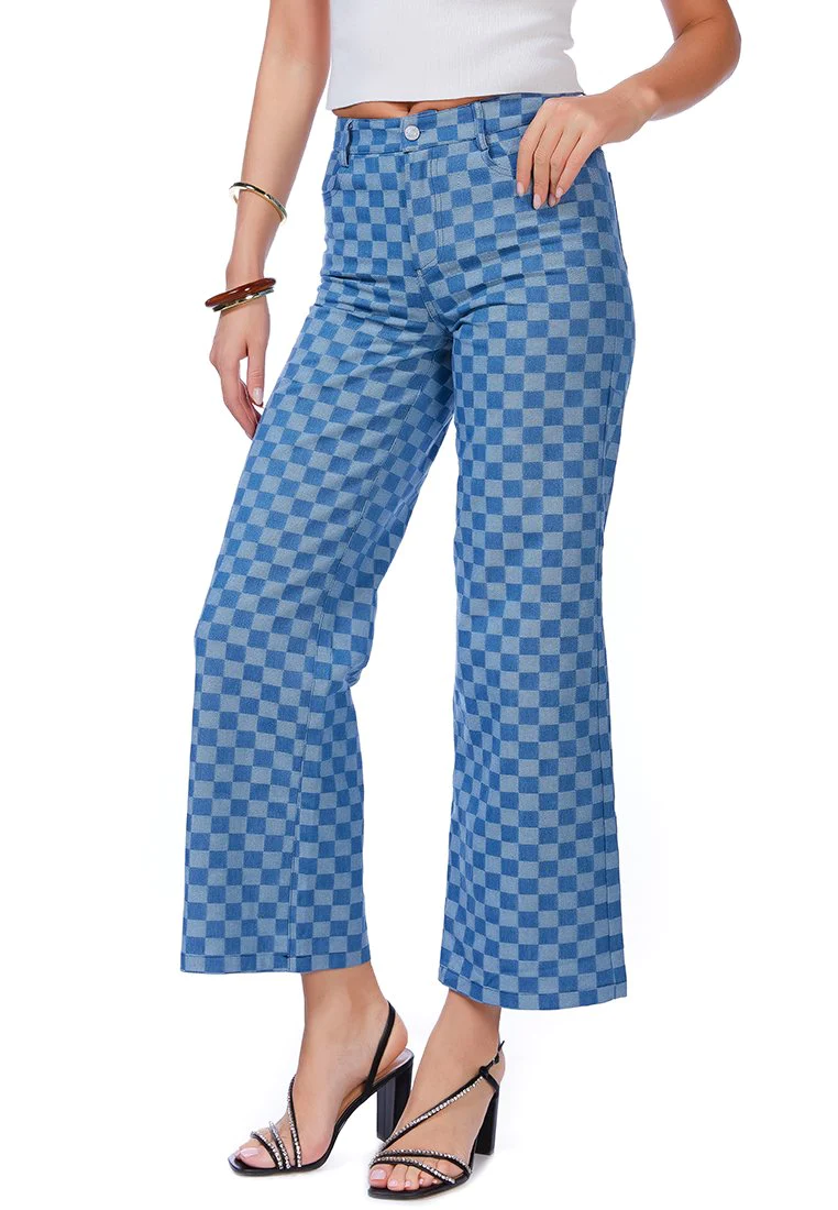 WATERCOLOR CHECKS PATTERNED DENIM PANTS