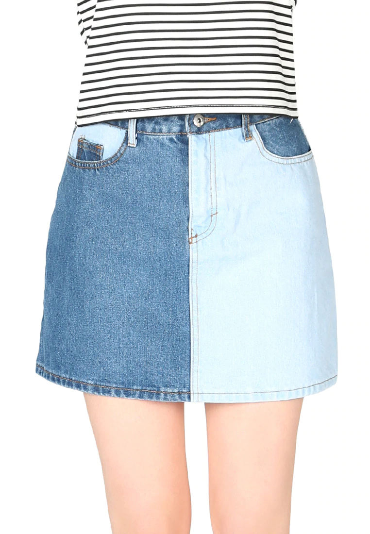 WOMEN COLOR BLOCK DENIM MINI SKIRT