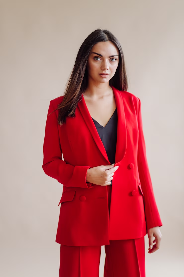 business formal dress code woman in red suit