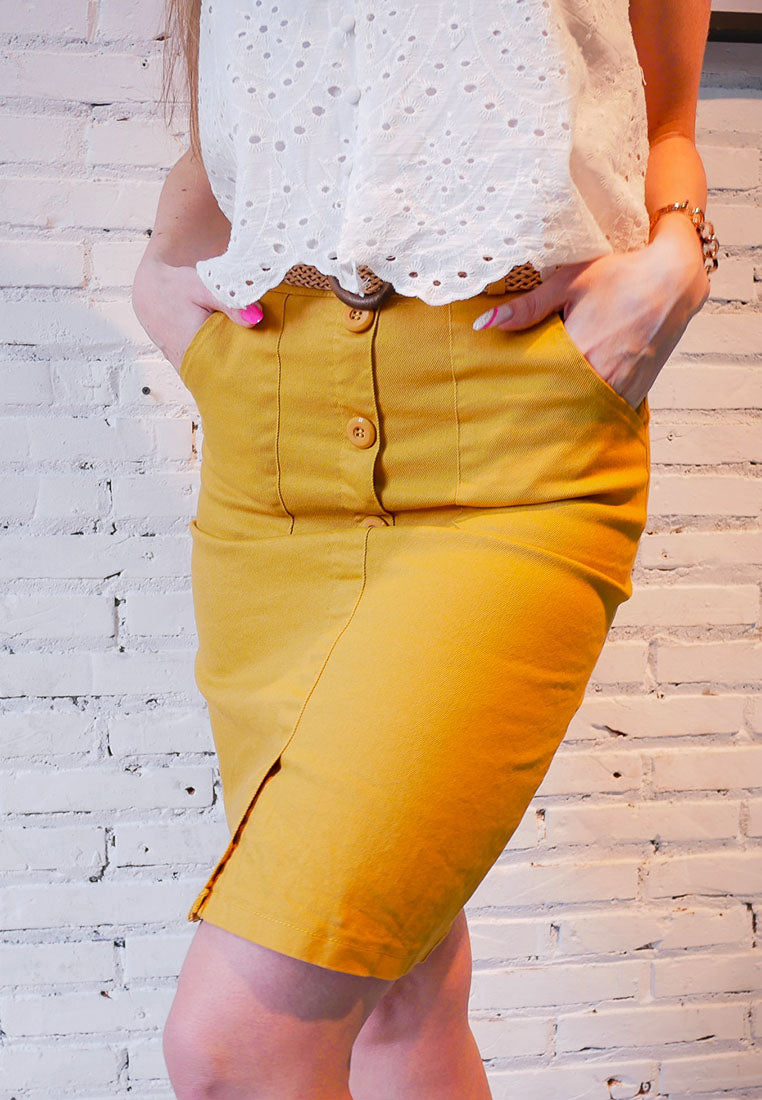 yellow front slit pencil skirt