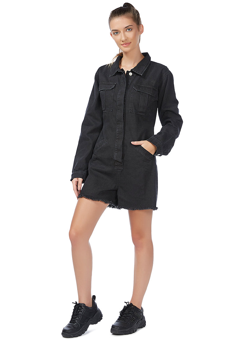 Black All Covered Raw Hem Denim Romper