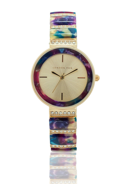 BLUE WOMEN'S MOTHER OF PEARL FINISH LOOK RESIN CASE WATCH