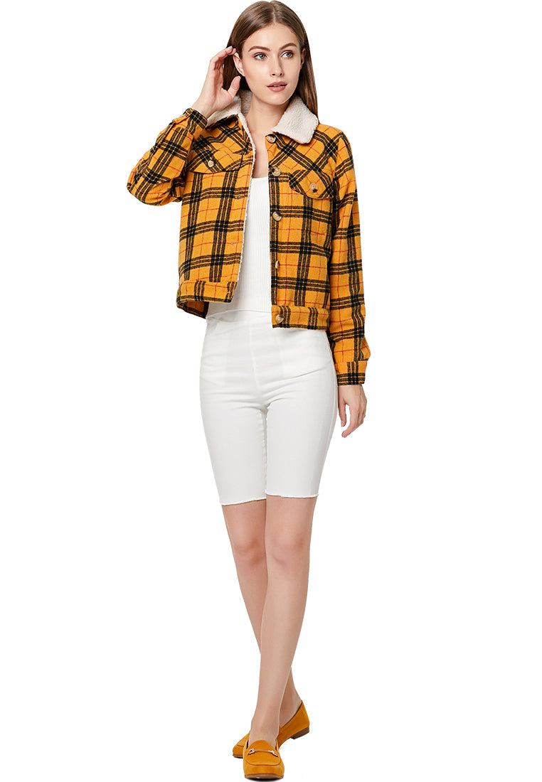 CHECKEREDFAUX FUR TRUCKER JACKET