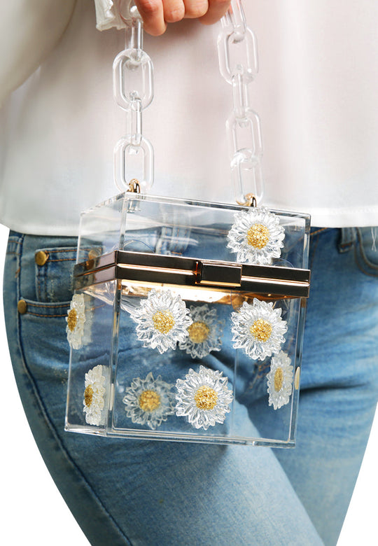 FLOWER DETAILED CLEAR BOX CLUTCH BAG