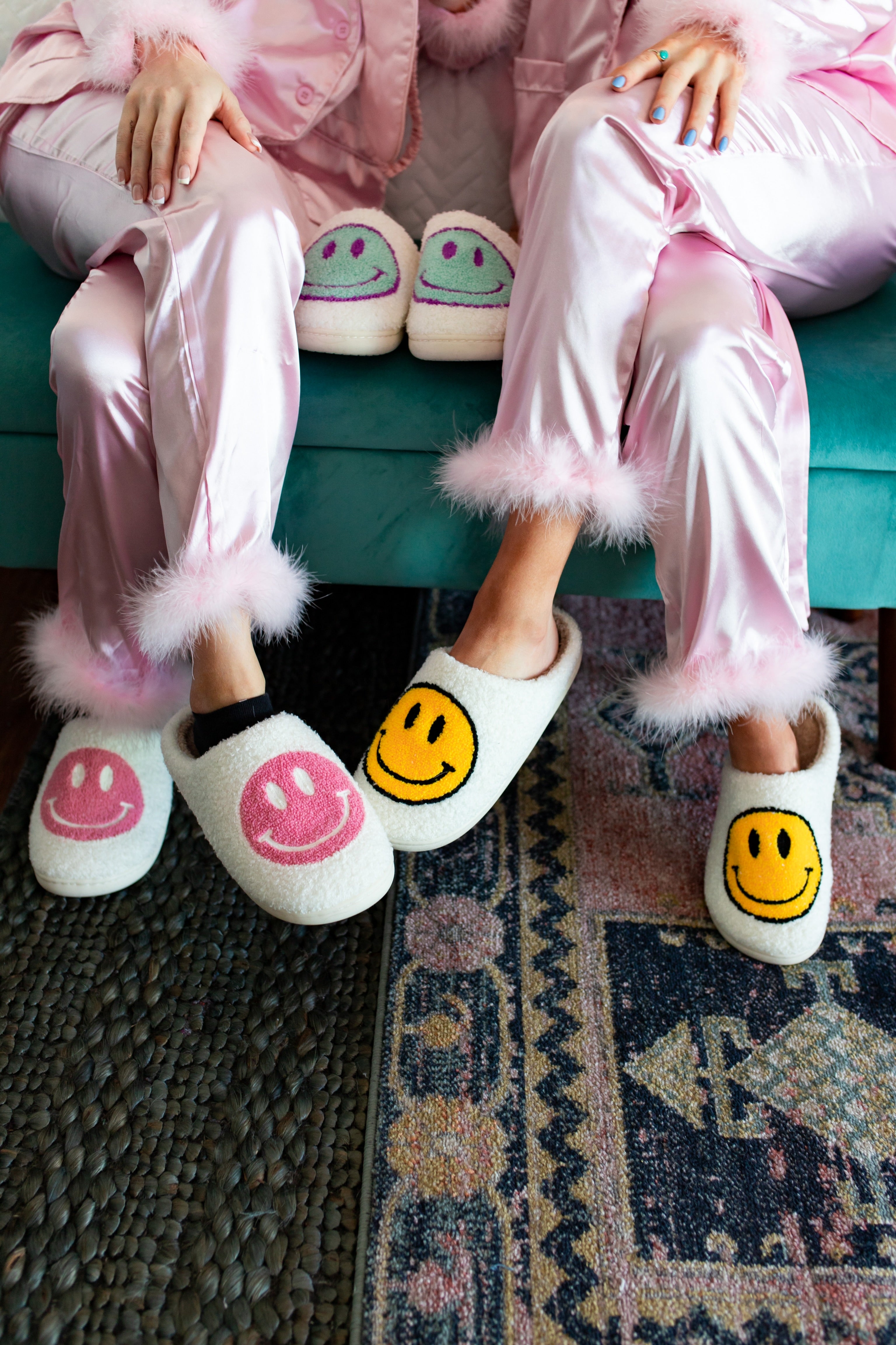Malibu Bachelorette Party Feather Silk Pajamas Sleepover Party Smiley Slippers Happy Face Slippers
