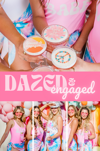 dazed and engaged, bachelorette party, trendy bach bash, bachelorette theme, peace sign, trendy hip cool, preppy nostalgic aesthetic, flower power, retro vintage 90s 80s 70s 60s psychedelic theme, girl about town, scottsdale before the veil, the femme house, pink, orange, blue, teal, tie dye, groovy bride, the pool boys, the cabanna boys, bounce house, bright colors, palm trees, pool party