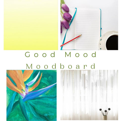 Good mood moodboard bird of paradise painting, sally evans, journal, sunshine yellow paint, light 