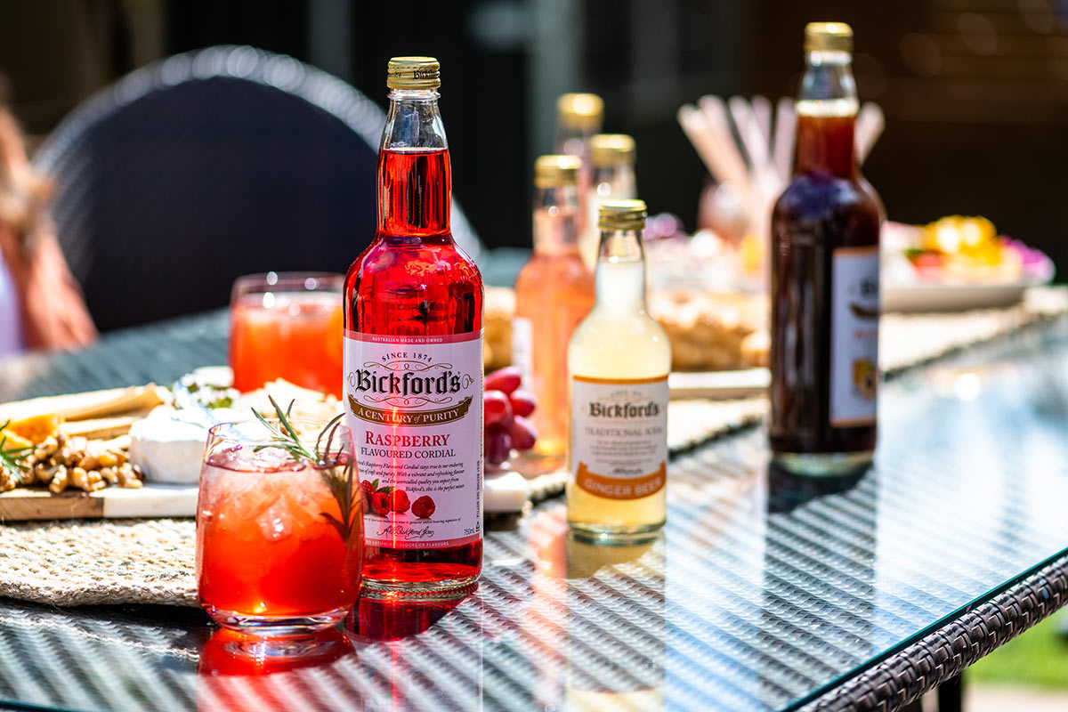 Bickford's cordial and juices on an outdoor table
