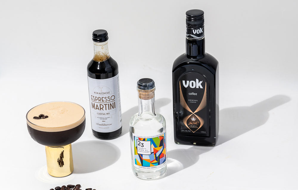 espresso martini cocktail kit on a white table