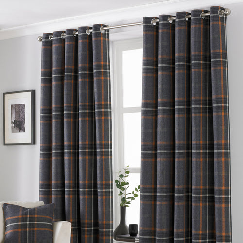 Aviemore Grey Tartan Faux Wool Eyelet Curtains, Grey Curtains