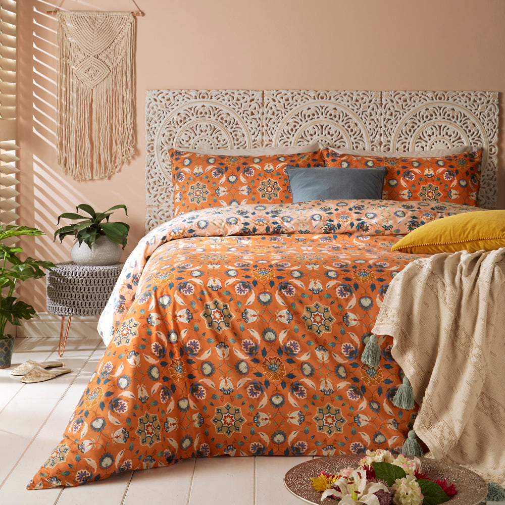 Photos - Bedspread / Coverlet Folk Flora Floral Duvet Cover Set Orange, Orange / Double FOLKFL/D02/ORG