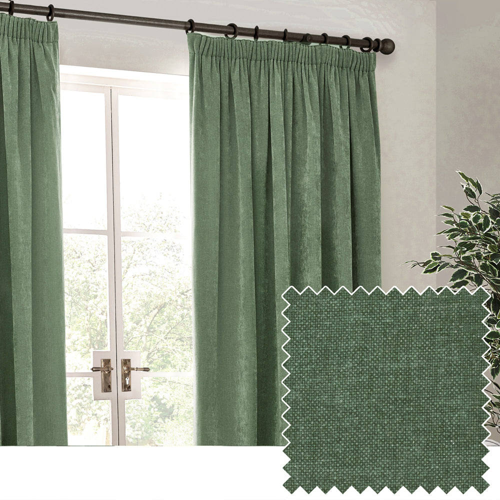 Heavy Chenille Velvet Pencil Pleat Curtains Eucalyptus, Eucalyptus / 168 x 229cm