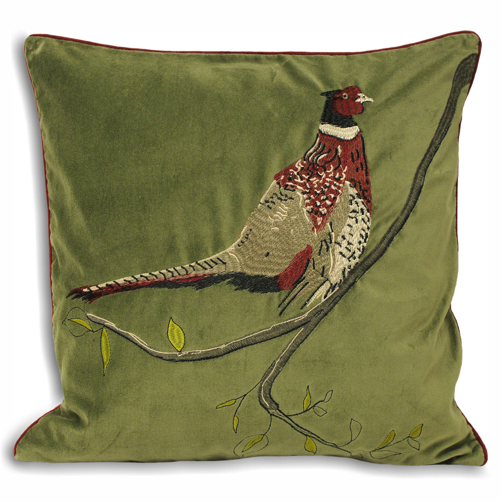 Photos - Pillow Hunter Velvet Pheasant Cushion Green, Green / 45 x 45cm / Polyester Filled