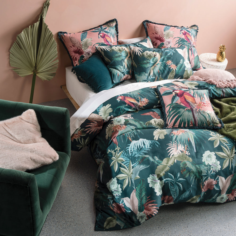 Photos - Bed Linen Fernanda Botanical 100 Cotton Duvet Cover Set Teal/Leaf Green, Teal/Leaf G