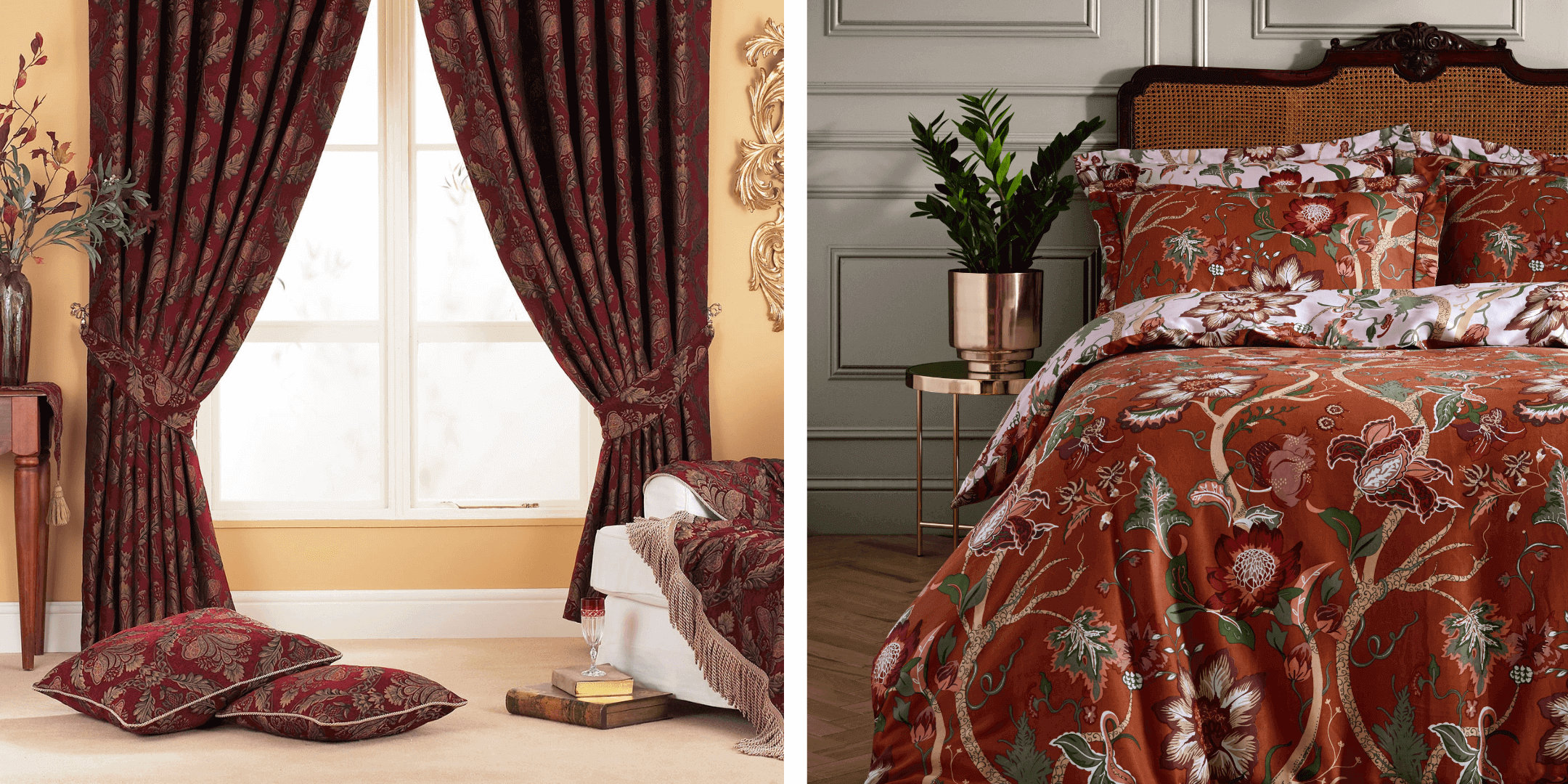 an image of a pair of traditional style red jacquard curtains next to an image of a wooden bed with a red bedding set