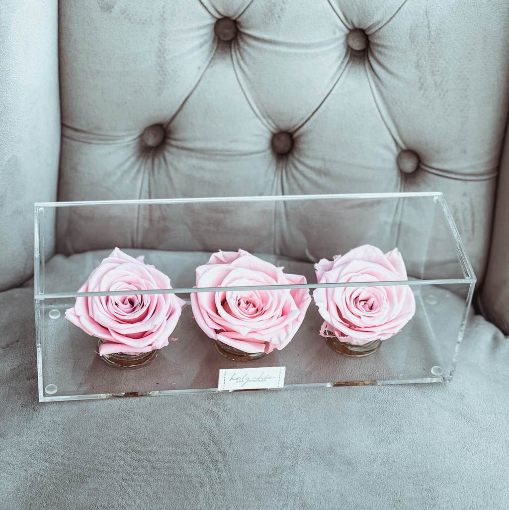 Three forever roses in a clear acrylic box