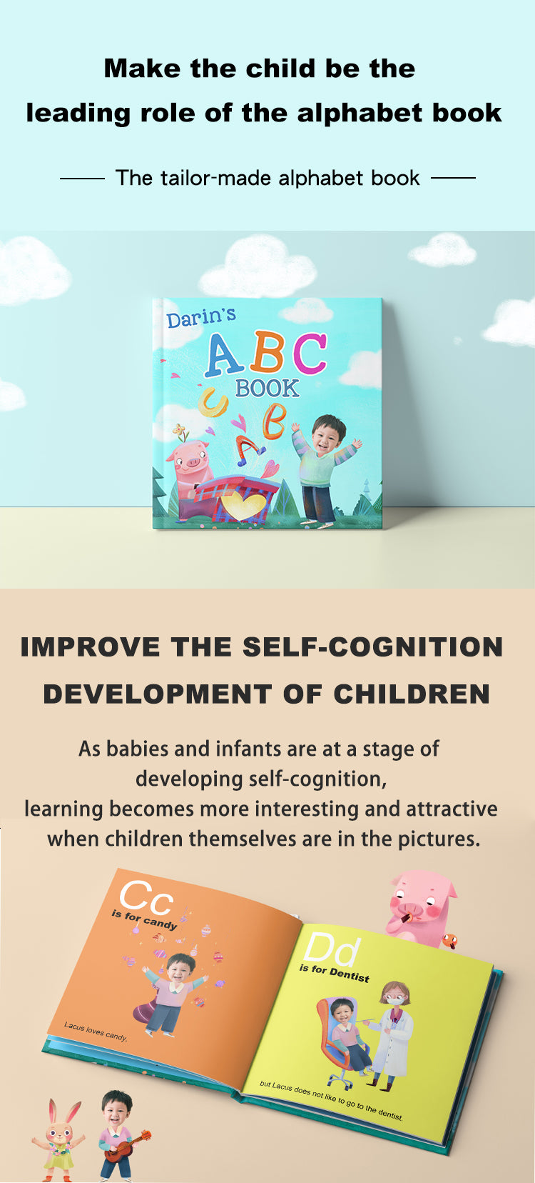 make the child be the leading role of the alphabet book, improve the self cognition development of children. as babies and infants are at a stage of developing self-cognition, learning becomes more interesting and attractive when children themselves are in the pictures.