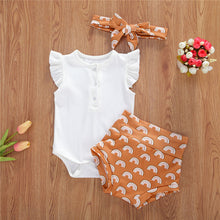Load image into Gallery viewer, Baby Girls White Ruffles Short Sleeve Romper Tops and  Sun Flower Printed Shorts

