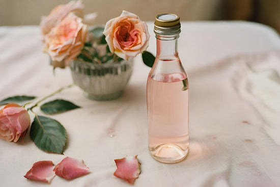 Rosenwasser und Rosenblüten