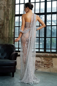 Long silver dress with single shoulder and transparent mesh skirt