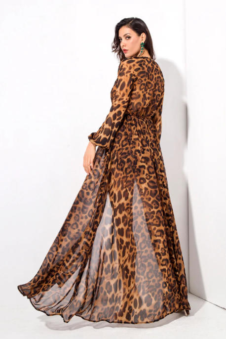 Very long leopard print low-cut long-sleeved playsuit