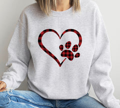 Grey sweatshirt with heart and paw in red plaid