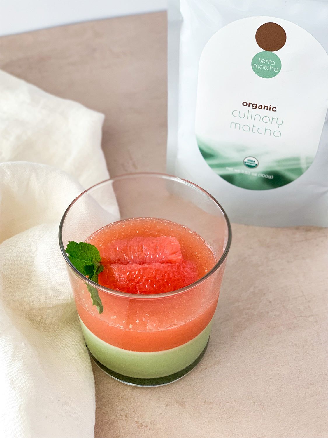 grapefruit matcha panna cotta and terra matcha organic culinary bag