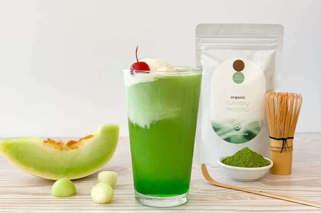 matcha cream soda and terra matcha organic culinary bag