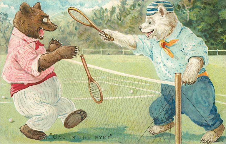 AN-307 Fun Bears Playing Tennis - Vintage Image