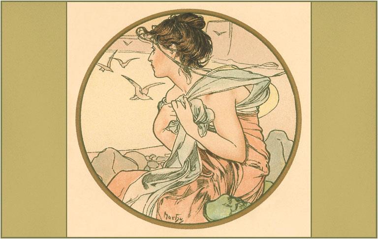 AT-09 Woman with Birds, Art Nouveau - Vintage Image