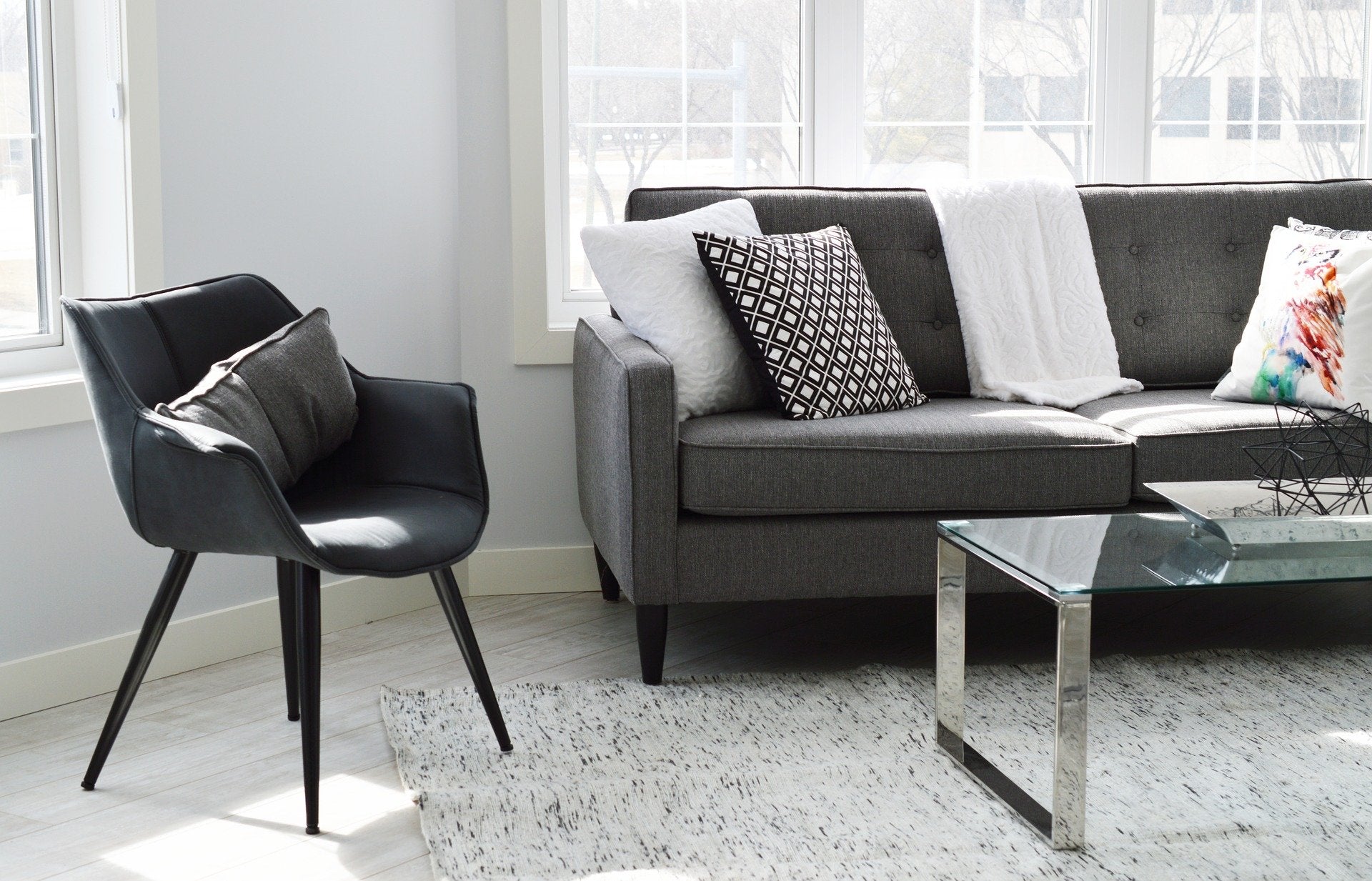 Living room with a chair and couch with rug on the floor