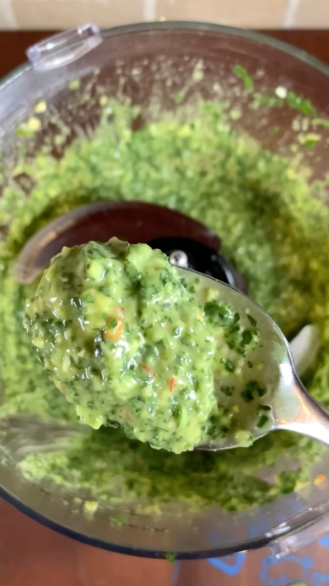 Homemade chimichurri dressing for BetterFed Beef flank steak salad